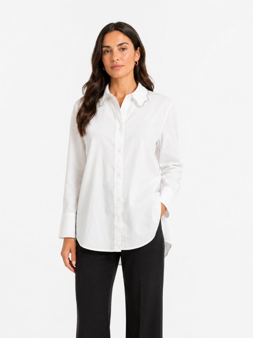 JASON WU WHITE BEADED EMBELLISHED SCALLOPED COLLAR SHIRT - S